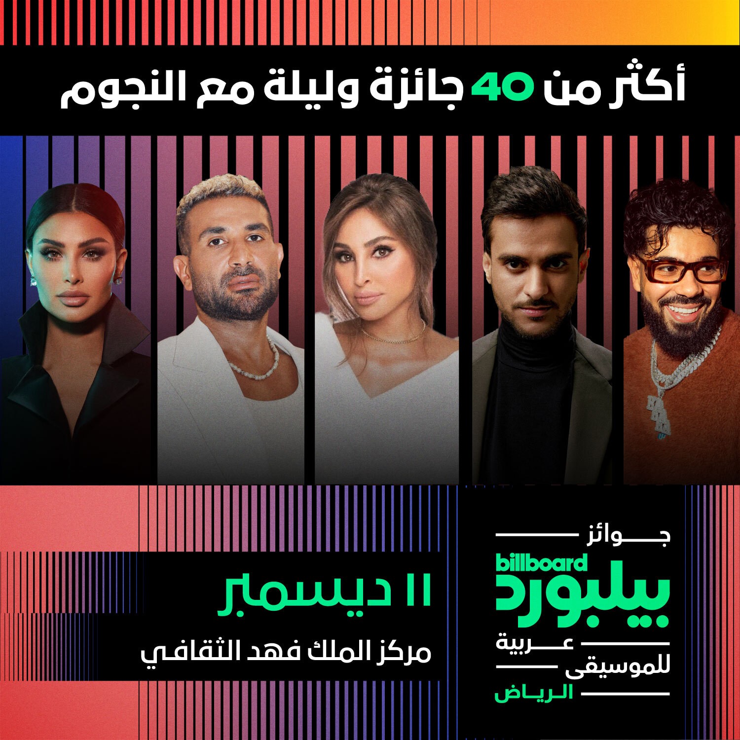 The first edition of the Billboard Arabia Music Awards will present more than 40 prestigious awards, based on listenership data, and will be attended by renowned and rising stars.