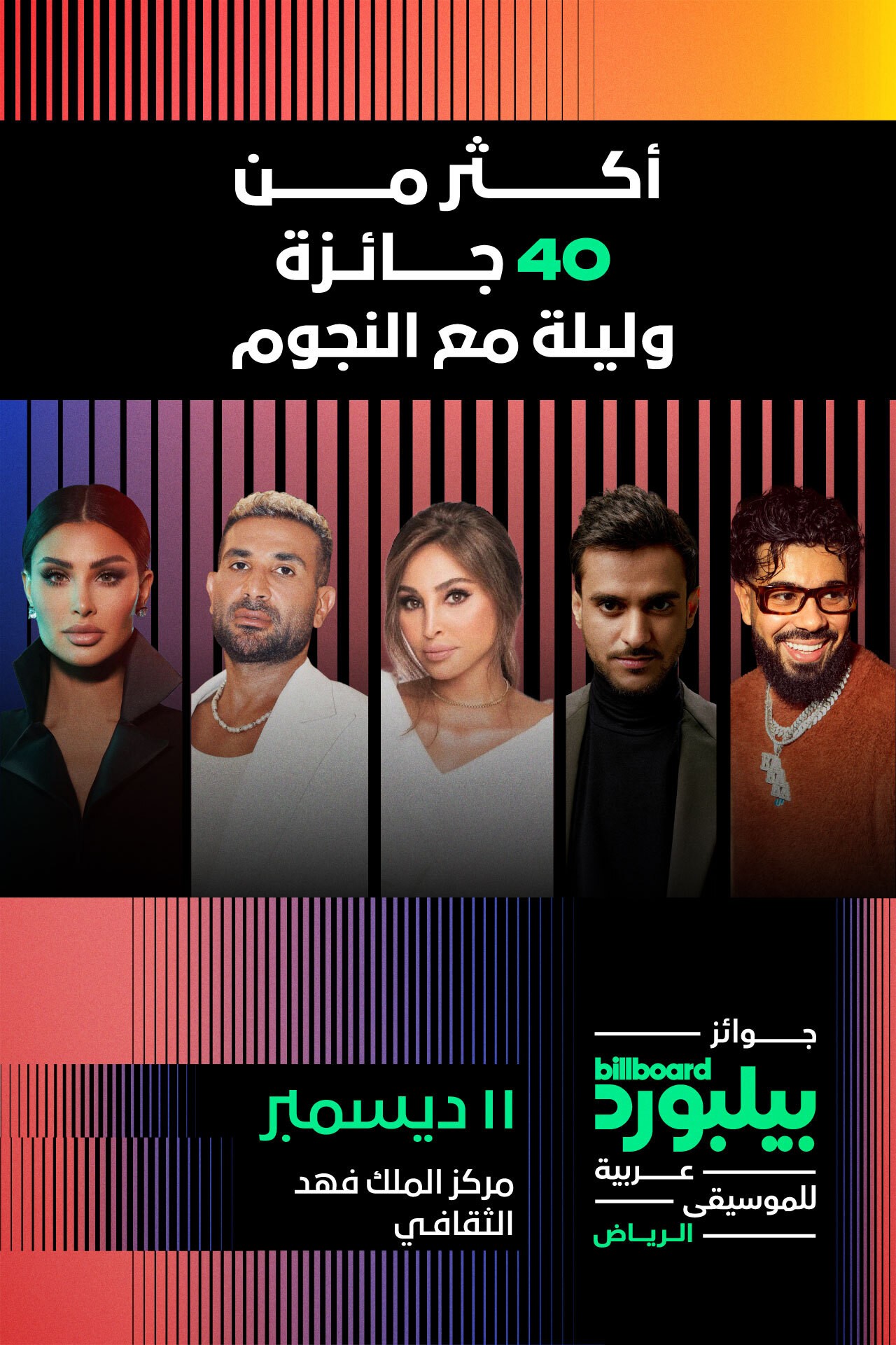 The first edition of the Billboard Arabia Music Awards will present more than 40 prestigious awards, based on listenership data, and will be attended by renowned and rising stars.